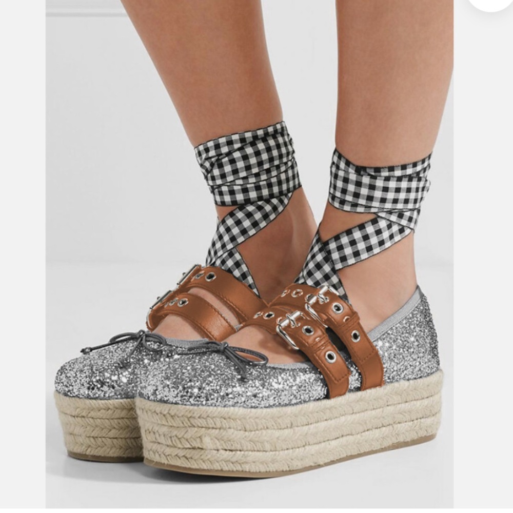 Miu Miu Silver Glitter Espadrille Platform Flats with Brown Straps